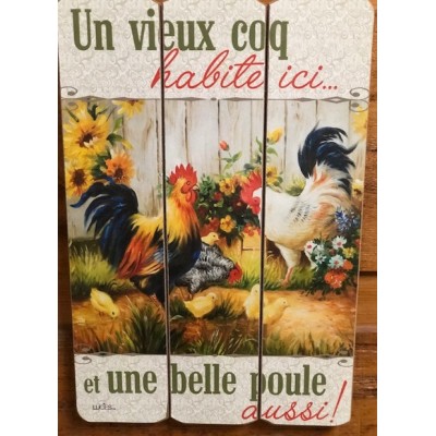 Art mural/ Plaque de Bois/Un vieux coq, Une belle poule.../24x36x1.8CM