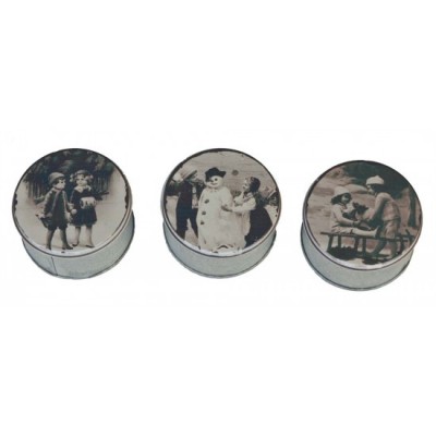 Boite de métal ronde  vintage avec dessin d'enfants  3 assorties 2.75"diax1.5"h